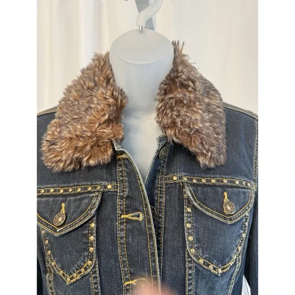 Vtg Kikit Jeans women's M denim jacket removable collar with faux fur NWT - Picture 3 of 16